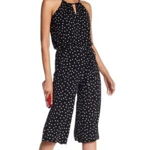 London Times Black & White Polka Dot Sleeveless Halter Jumper Jumpsuit